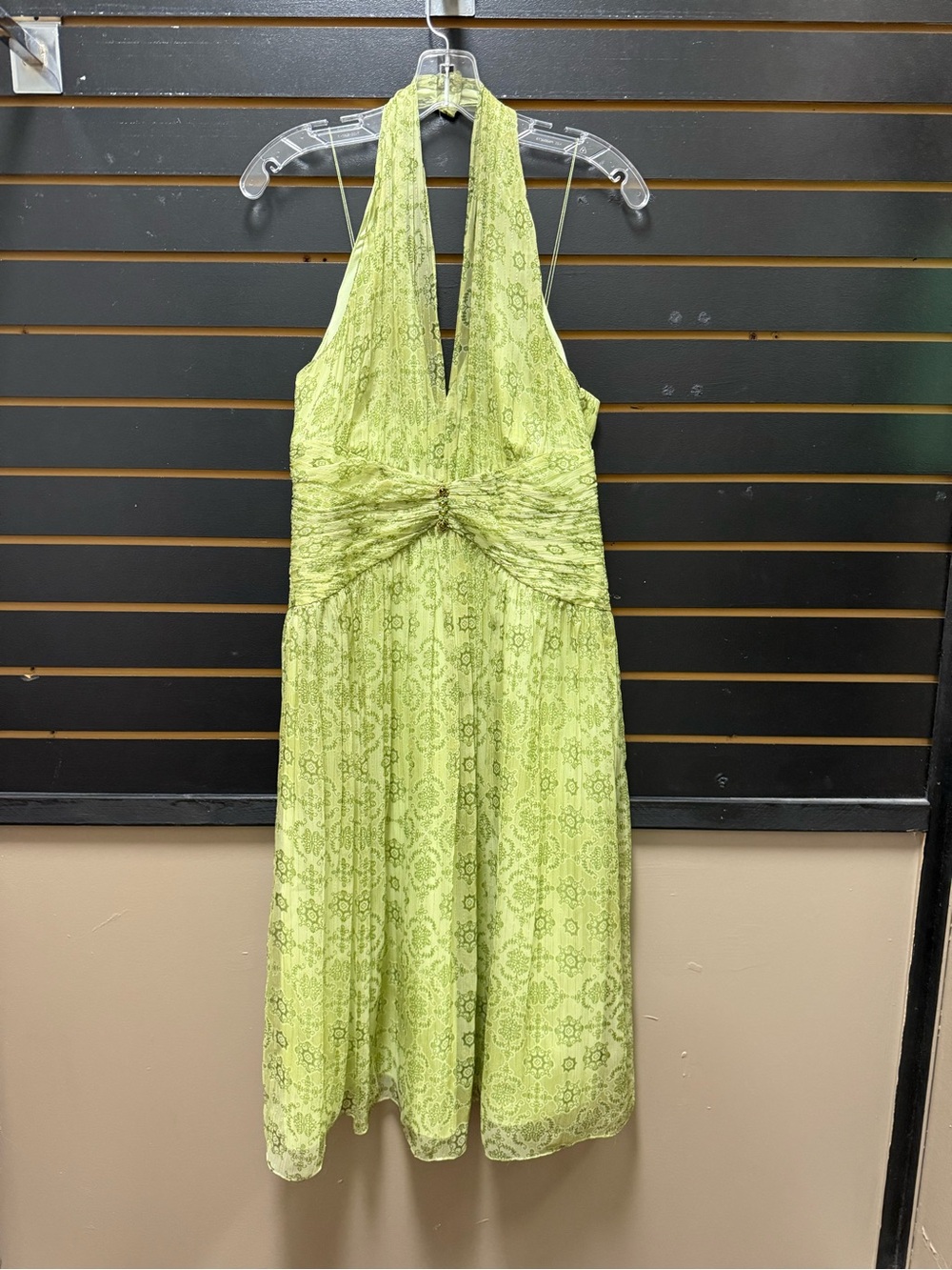 NWT Maggy London Green Silk Halter Midi Dress Size 8 Beaded Ruched $214